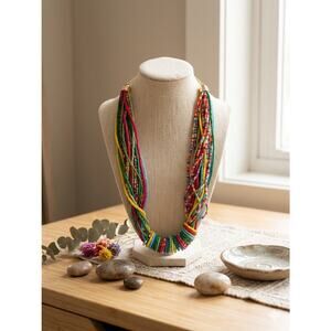 Vibrant Multi-Strand Rainbow Seed Bead Statement Necklace